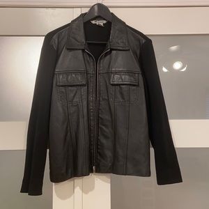 Leather front zip up sweater jacket